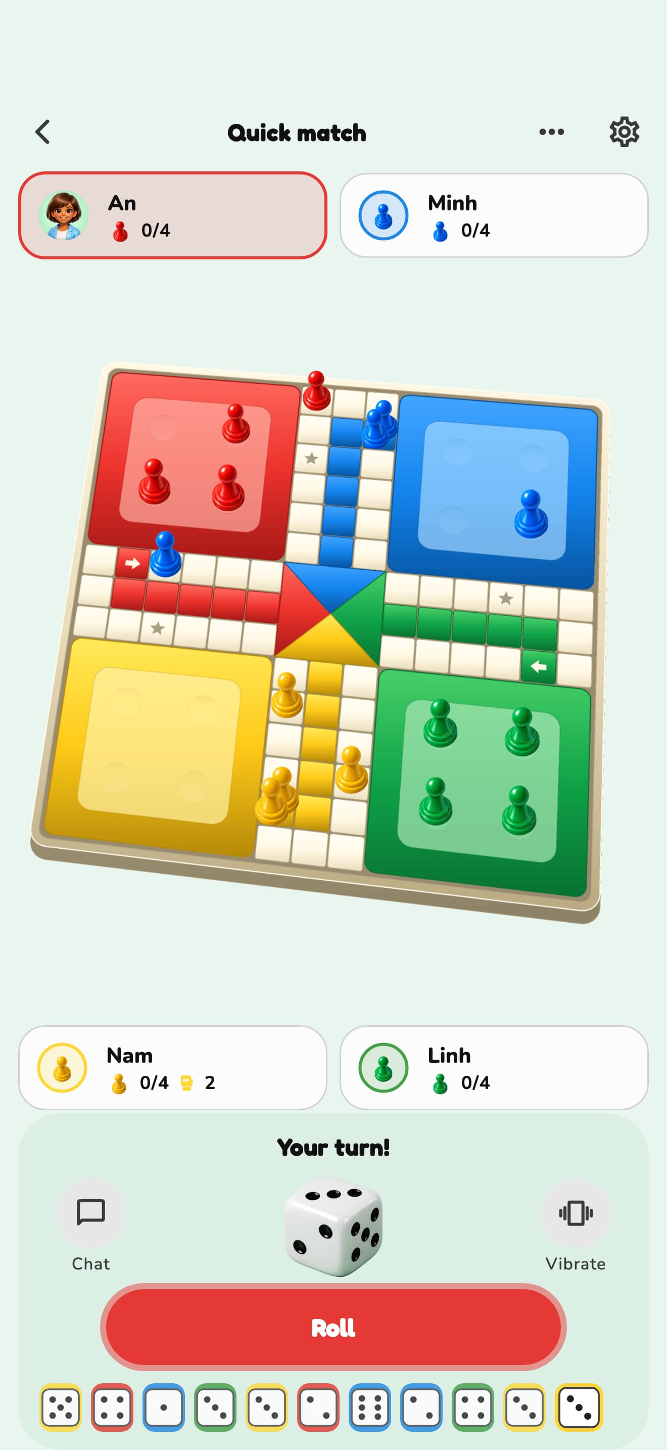 Quick match screen in Ludo AI Online: four-colour board, four players and the Roll button